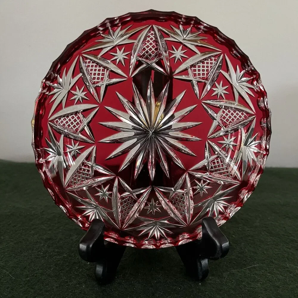 Bohemian Czech Crystal Ruby Red intricate Cut To Clear Bowl Candy Trinket Dish